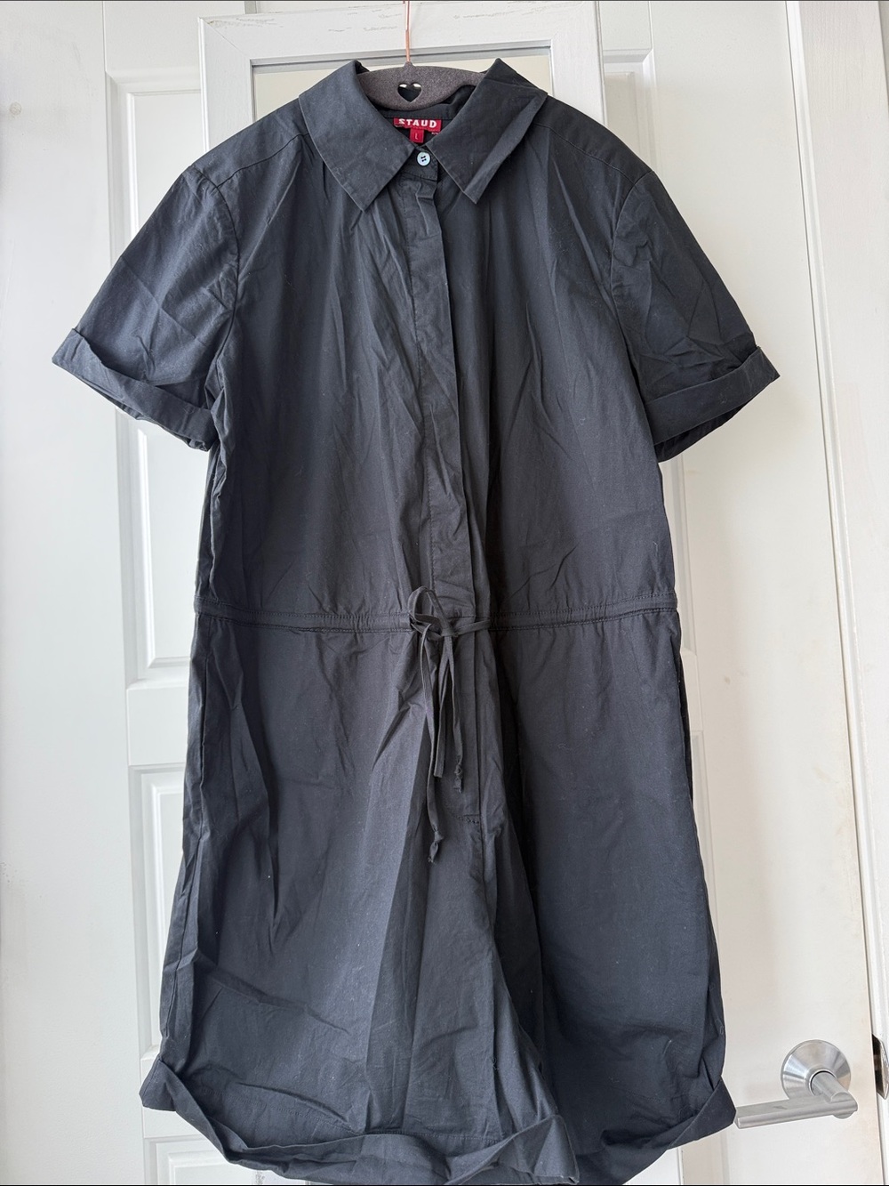 STAUD Black Short-Sleeve Midi Jumpsuit with Drawstring Waist